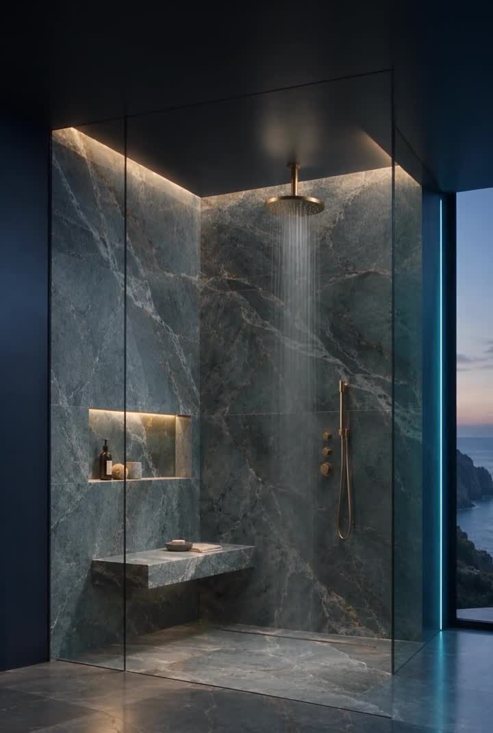 Cinematic blue stone shower concept