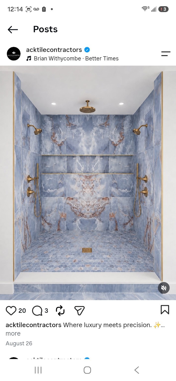 ACK blue tile shower with brass fixtures